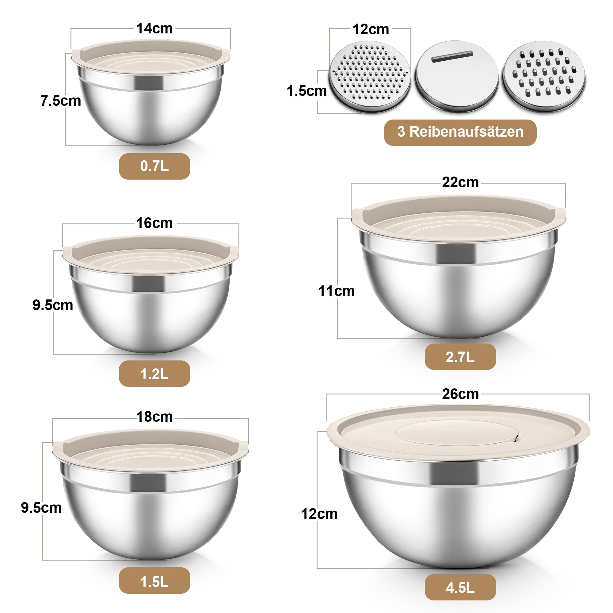Herogo Rührschüssel 5er Set Khaki, Edelstahl Schüssel mit luftdichten Deckeln, Metall Salatschüssel mit 3 Reibenaufsätzen zum Zubereiten/Backen/Servieren/Aufbewahren/Mixen, Spülmaschinenfest