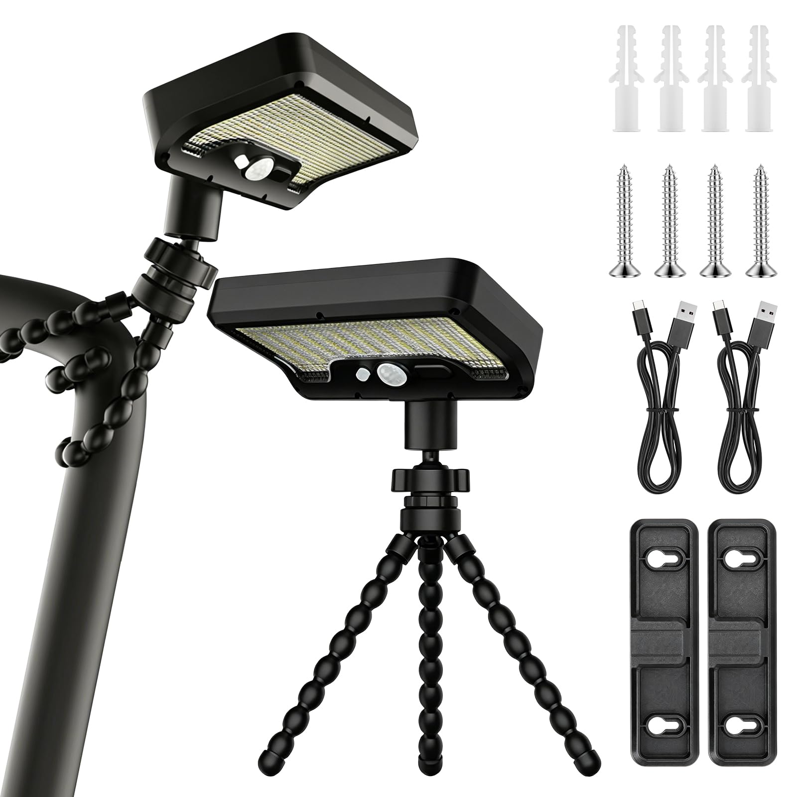 PRITOK Security Lights Outdoor: 2-Pack 92LEDs Clip On Solar Lights Outdoor Garden, 1500mAh Waterproof IP65 with USB Charging, Motion Sensor Lights Outdoor, LED Floodlight, for Camping Fence Patio