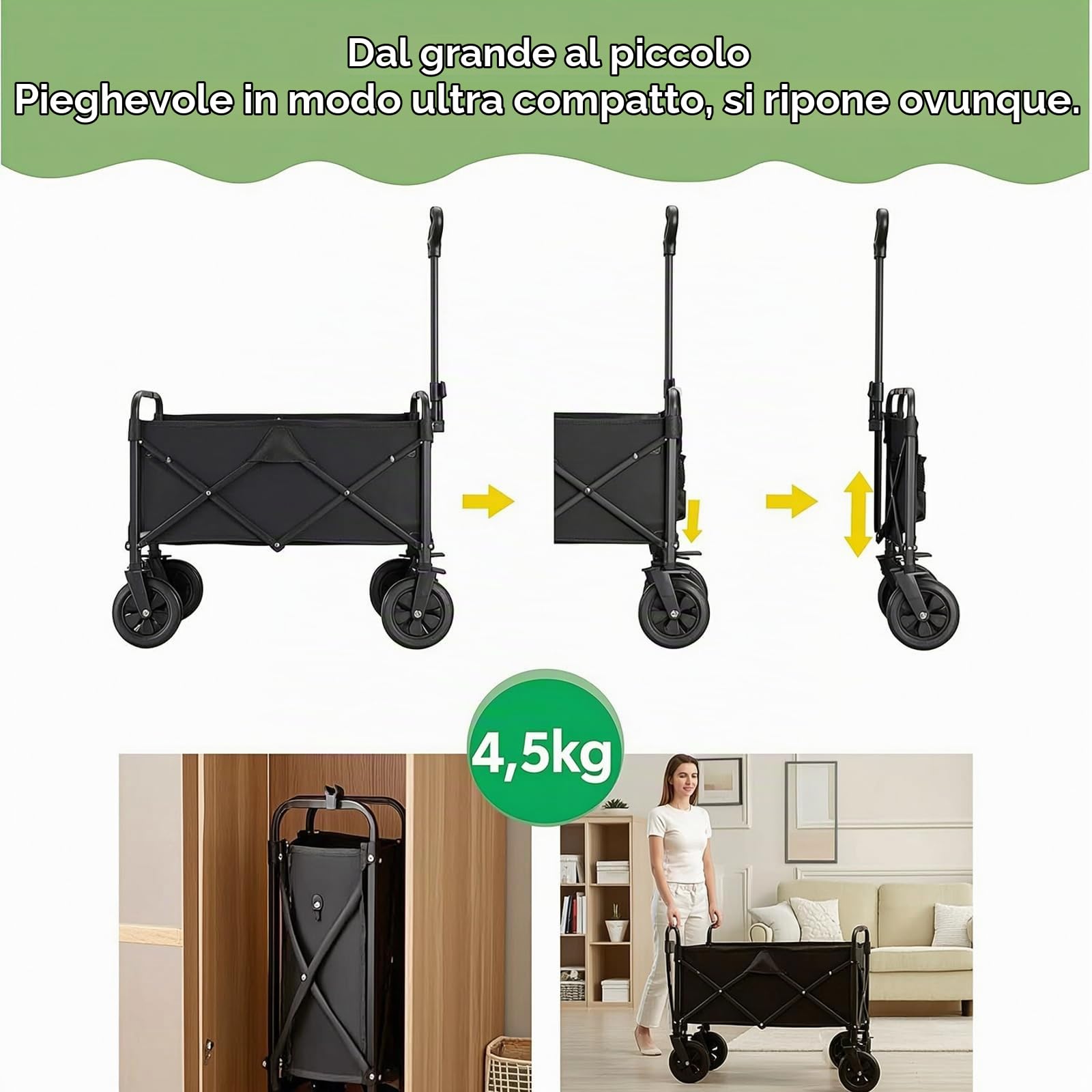 Carrello pieghevole piccolo con manico regolabile in altezza, portata 150 kg | Carrello per la spesa pieghevole da campeggio, per giardino, spiaggia, shopping, salvaspazio, pieghevole