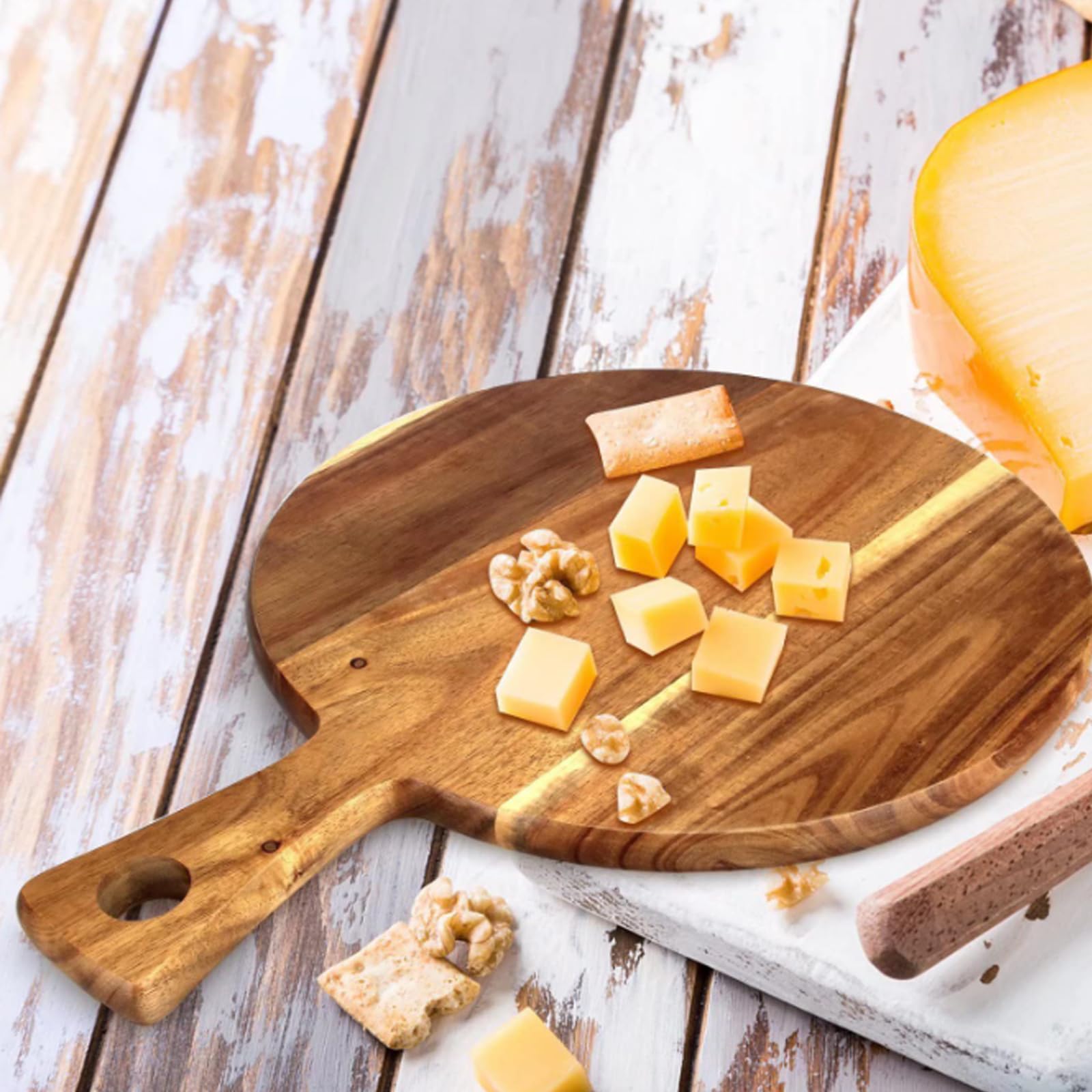 Tabla de cortar de madera de acacia con asa, juego de 2 tablas de cortar 30 x 40,5 cm, estante redondo de madera para servir y estante de cocina de madera para pan queso verduras