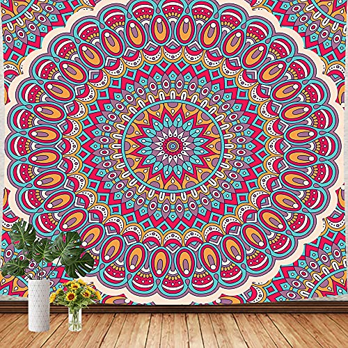 GEVES Bohemian Mandala Tapestry Trippy Tapestries for Bedroom Living Room Hanging Blanket Boho Wall Decor (Blue-Fushia)
