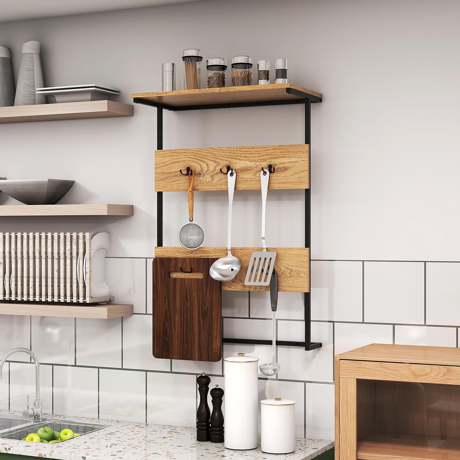 COSTWAY Appendiabiti da Parete per Ingresso, Appendiabiti da Muro con 6 Ganci, Struttura in Metallo Robusta, Mensola Salvaspazio, per Ingresso Bagno Cucina