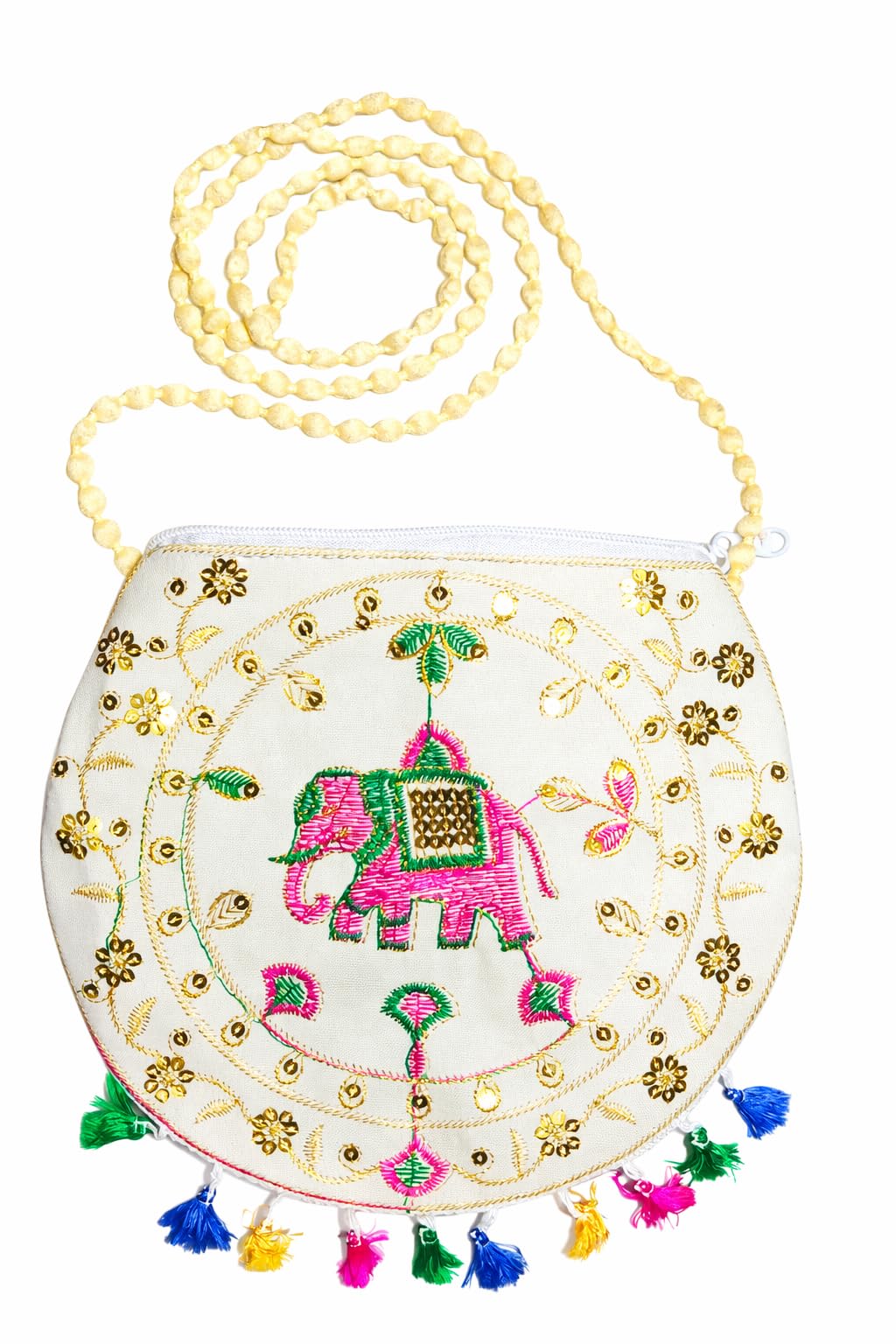 Handcrafted Embroidered Potli Bag with Elephant Motif, Off-White Traditional Ethnic Clutch with Colorful Tassels, 8.5x9.5 Inches-image-9