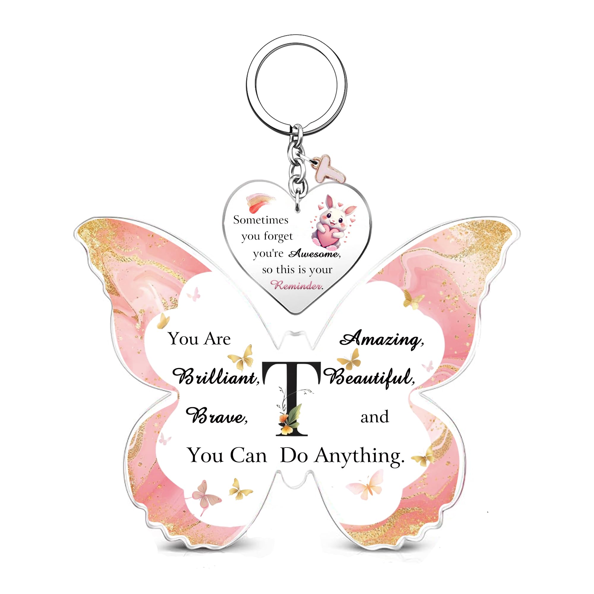 Acrylic Plaque Keychain Set A to Z Initial Letter Inspirational 26 Alphabets Birthday Christmas Gifts Bestie Friend Daughter Keepsake Graduation Keyring Personalised Women Girls Valentine's Sign (T)