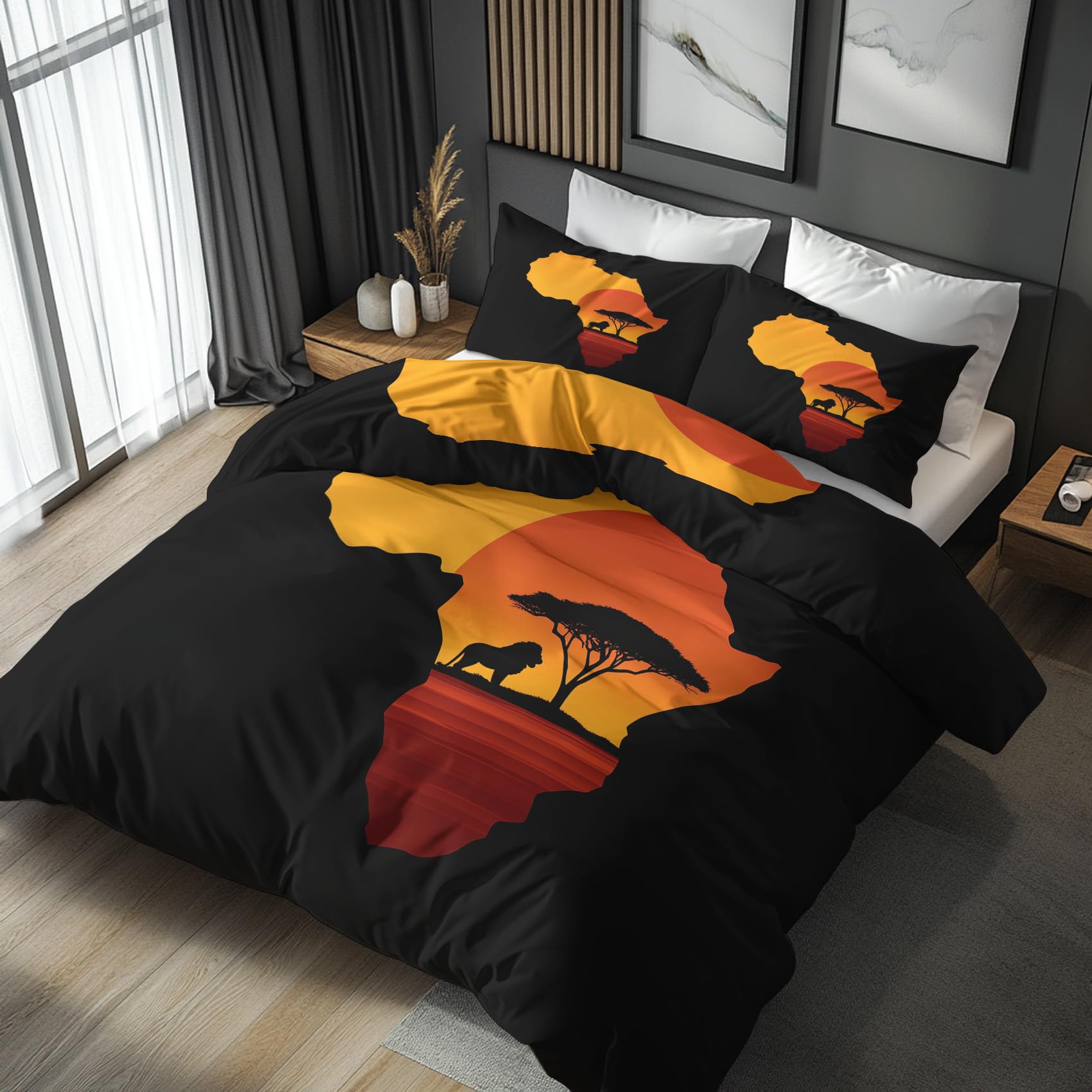 Bettwäsche 200x220 Afrikanische Sonnenuntergang Design, 3teilig - Afrikanische Safari Wildtier Bettbezug und 2 Kissenbezug 80x80, Wendebettwäsche, Schlafzimmer Deko, mit Reißverschluss SD-1325