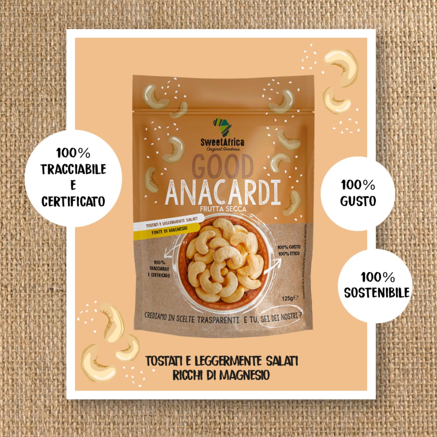 SweetAfrica - Good Anacardi Tostati e Salati - Snack di frutta secca - 125g x 6pz
