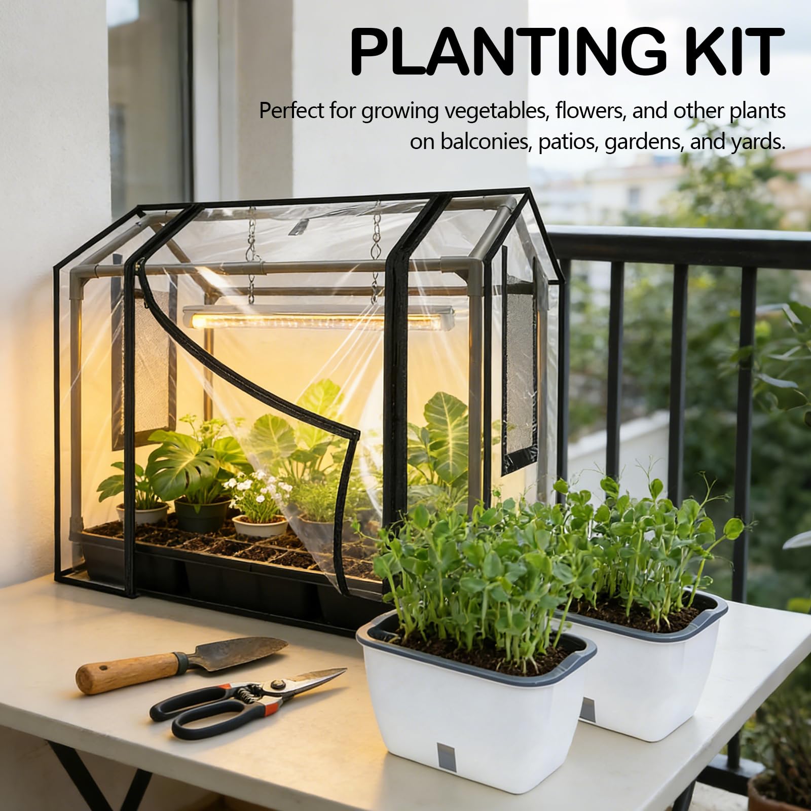 Kit di Piantagione, Serra da Balcone con 2 Vasi per Piante Copertura PVC 60 x 40 x 50 cm con Porta Avvolgibile a Cerniera Serra da Giardino Resistente Alle Intemperie Trasparente per Giardino Balcone