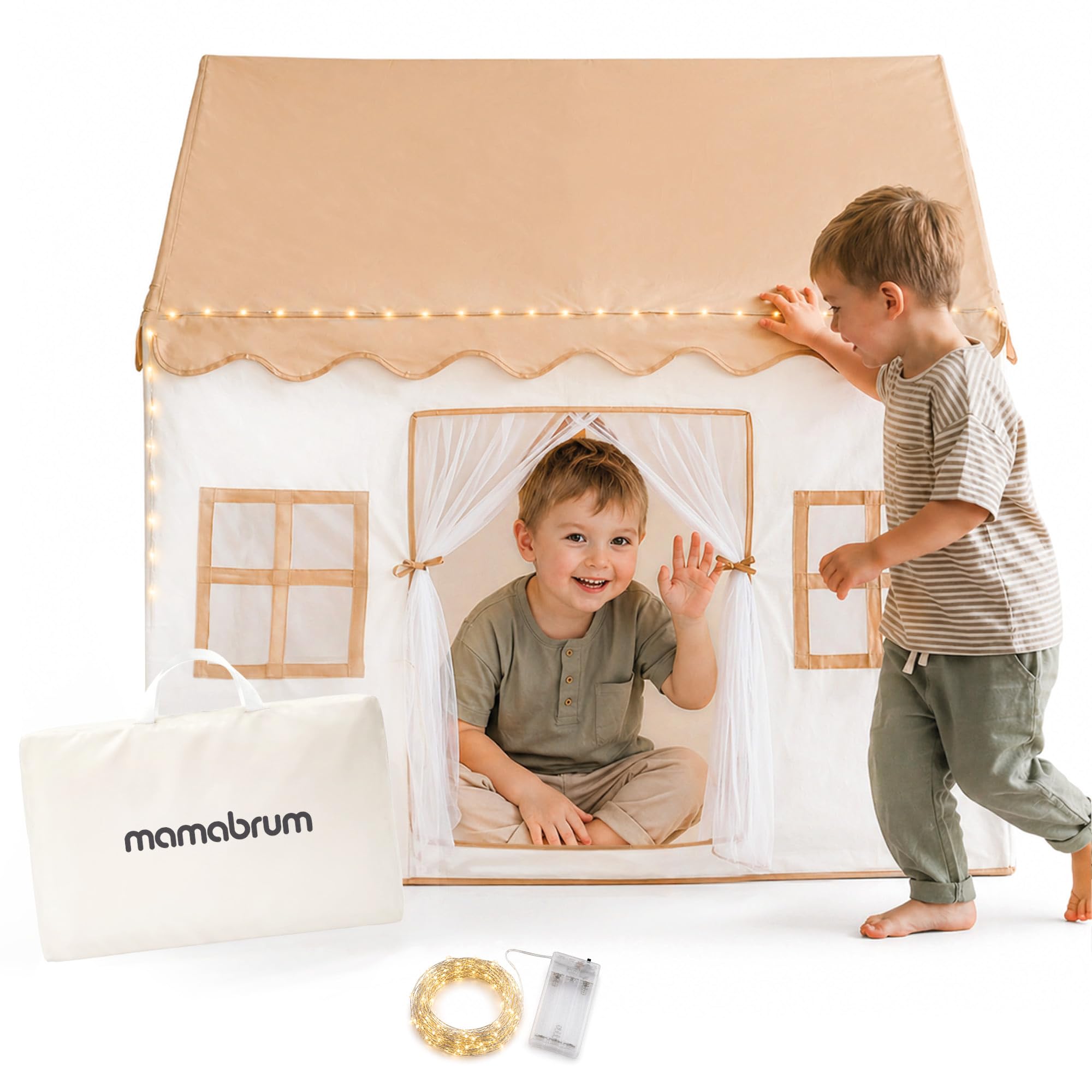 mamabrum XXL Spielhaus Zelt für Kinder aus Polyester mit LED Beleuchtung und Fenstern, Skandinavischer Stil, Indoor und Outdoor, Beige, 95 × 125 × 130 cm