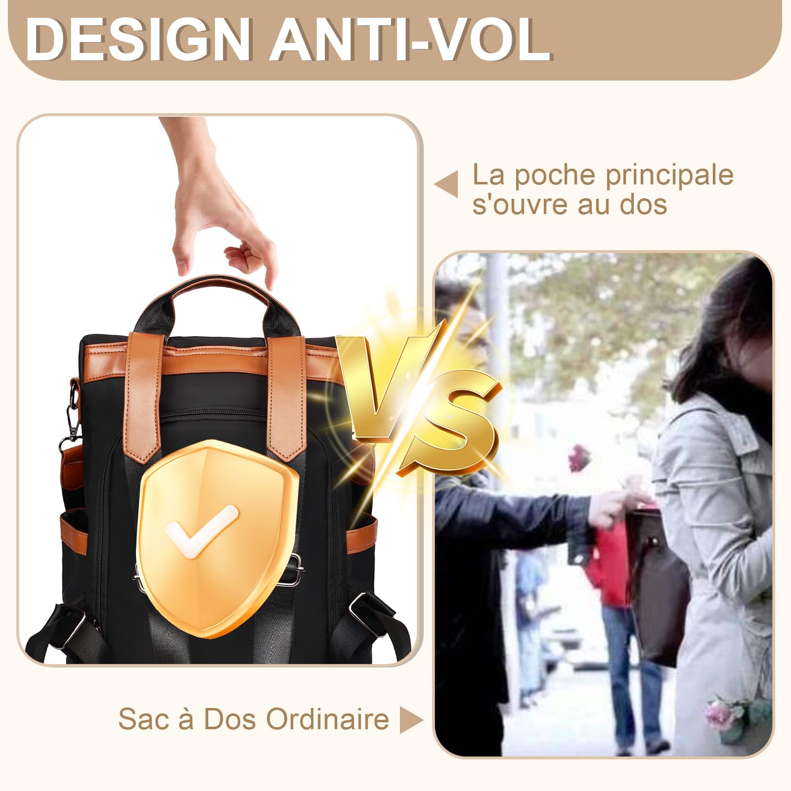 Eshow Sac a Dos Femme Antivol, Sacs à Main Portés Dos Elégant Léger, Petit Sac Bandoulière avec Pochette pour Voyage Travail Loisirs Université Noir