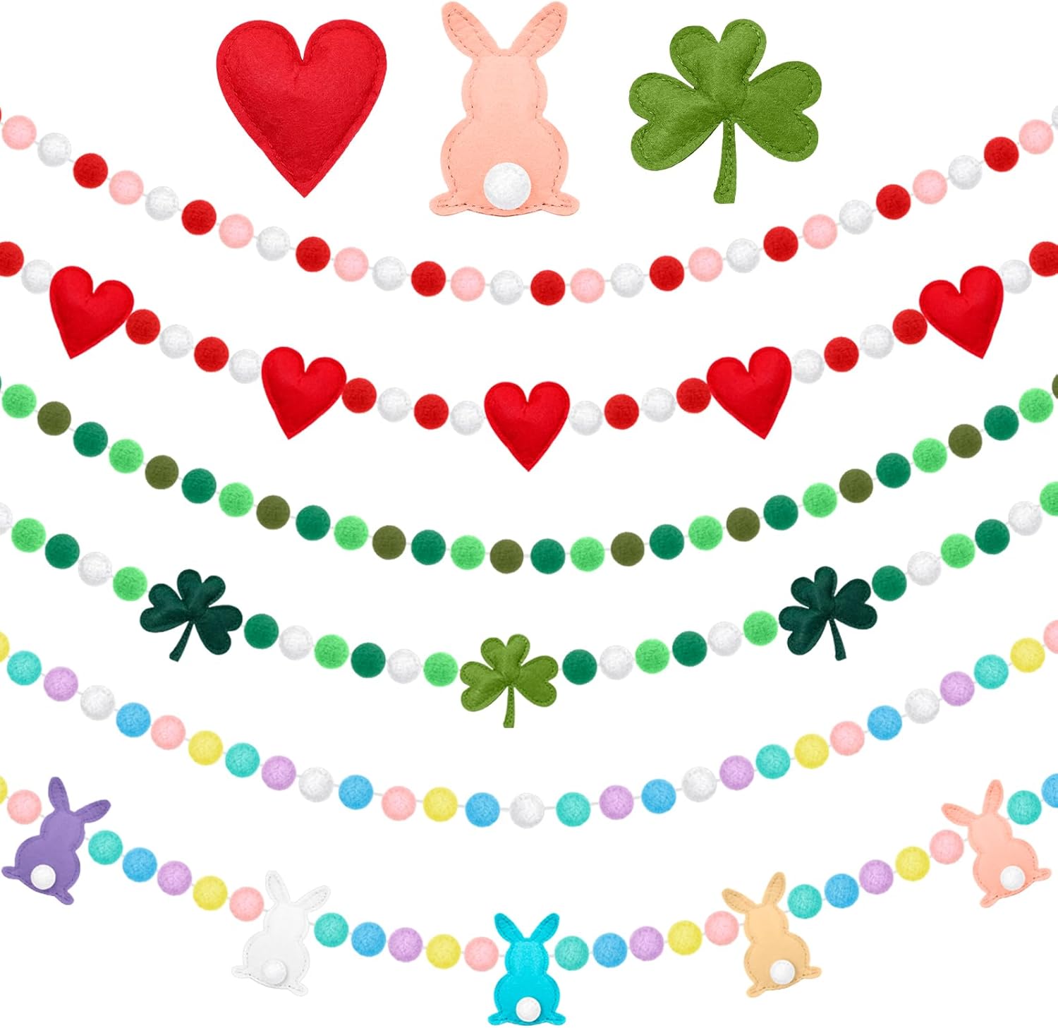 6 Pcs Valentines Day Decorations, 50ft Felt Pom Pom Garland for Valentines, St Patricks, Easter Decorations, Heart Garland for Mantle, Wall, Party Heart Decor