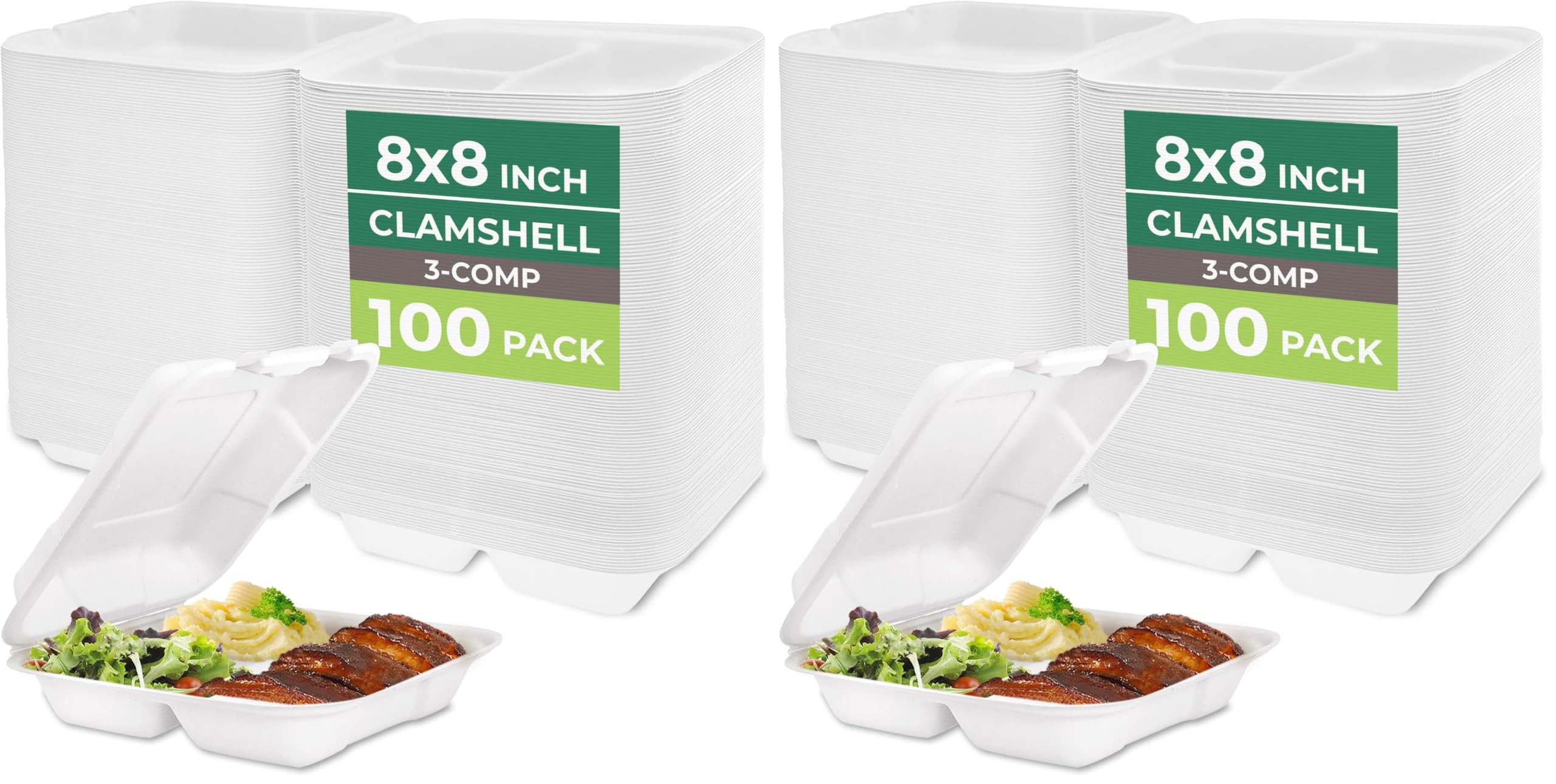 Freshware Clamshell Food Containers w/Lids, 3-Compartment,Disposable To Go Containers,Biodegradable Sugarcane To Go Boxes-Paper Container-Microwave &amp; Freezer Safe,Stackable, 8 x 8 Inch, (Pack of 200)