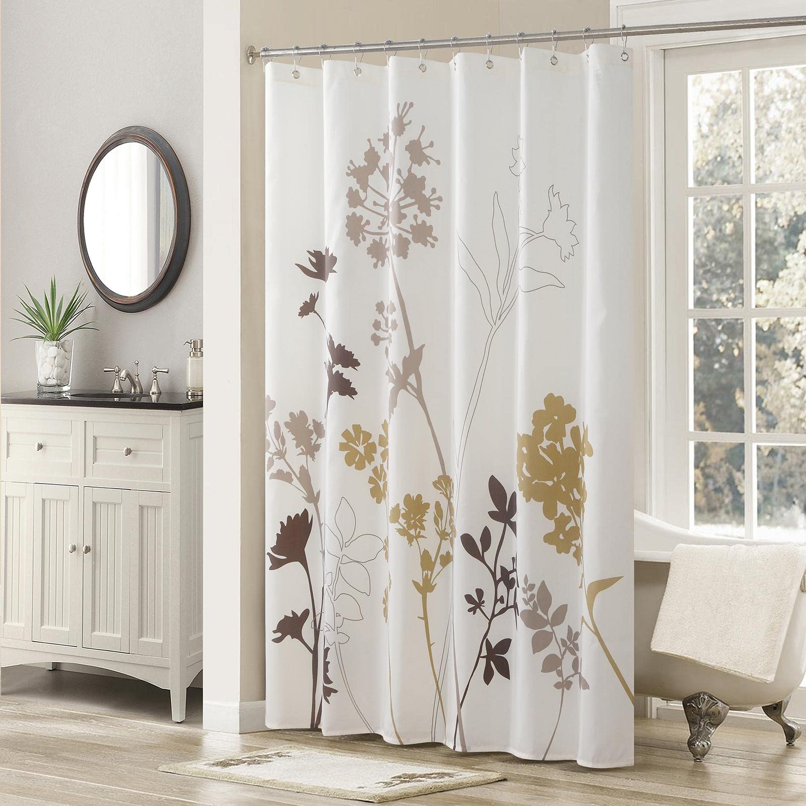 Cortina de ducha impermeable con estampado de flores marrones y hojas, tela de poliéster marfil, 92 x 182 cm, accesorios decorativos de baño, resistente al moho, fácil cuidado