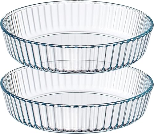 Domensi 2 platos de vidrio para hornear pastel de vidrio transparente de 10.3 pulgadas, bandeja redonda antiadherente para hornear con borde