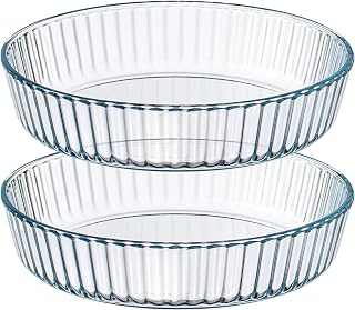 Domensi 2 Pcs Glass Pie Dish for Baking 10.3 Inch Clear Glass Pie Pan Round Non Stick Baking serving Plate with Rippled Edge for Cakes, Snacks, Salads, Desserts