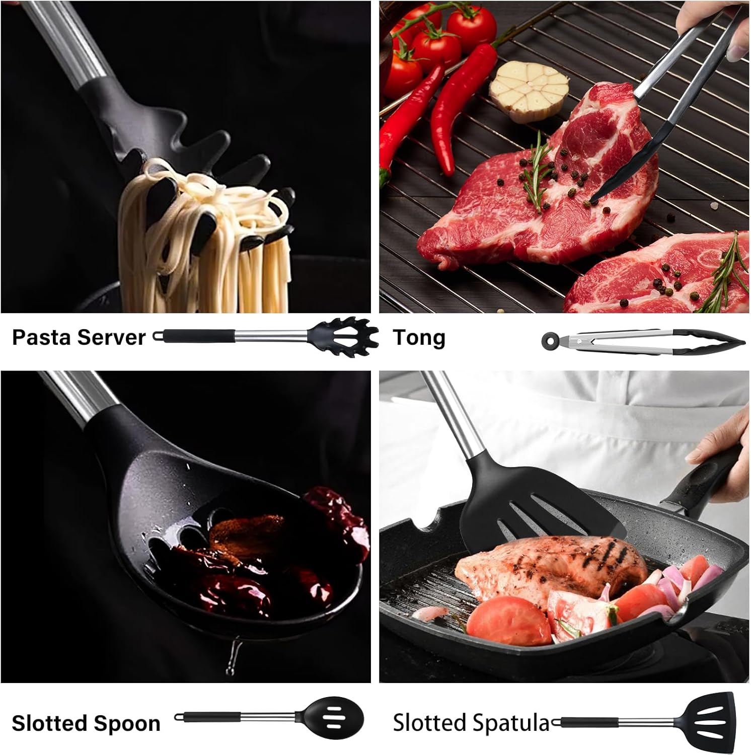 KSENDALO Silicone Cooking Utensils Set of 26, Heat Resistant Kitchen Utensils Set of Spatulas, Spoons, Whisk, Tong, Non Toxic Black Kitchen Tool Set with Holder for Nonstick Cookware, Dishwasher Safe