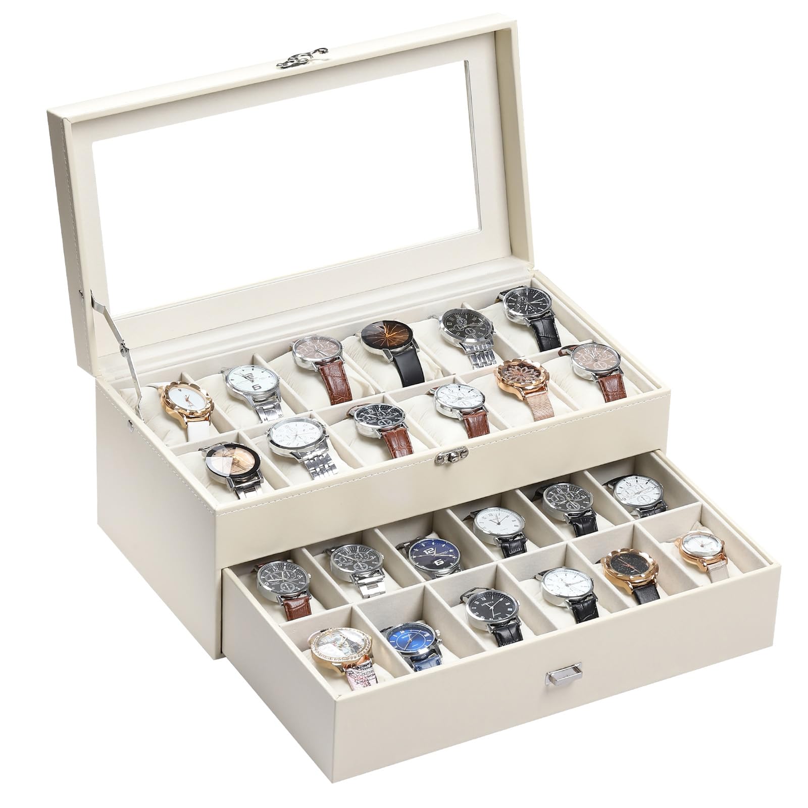 Coffret à Montres AUTOARK en Cuir et Velours, 24 pièces, Couvercle en Verre, tiroir de présentation, Organisateur verrouillable, Coussins Amovibles Beiges pour Montres, Beige, MKAW036