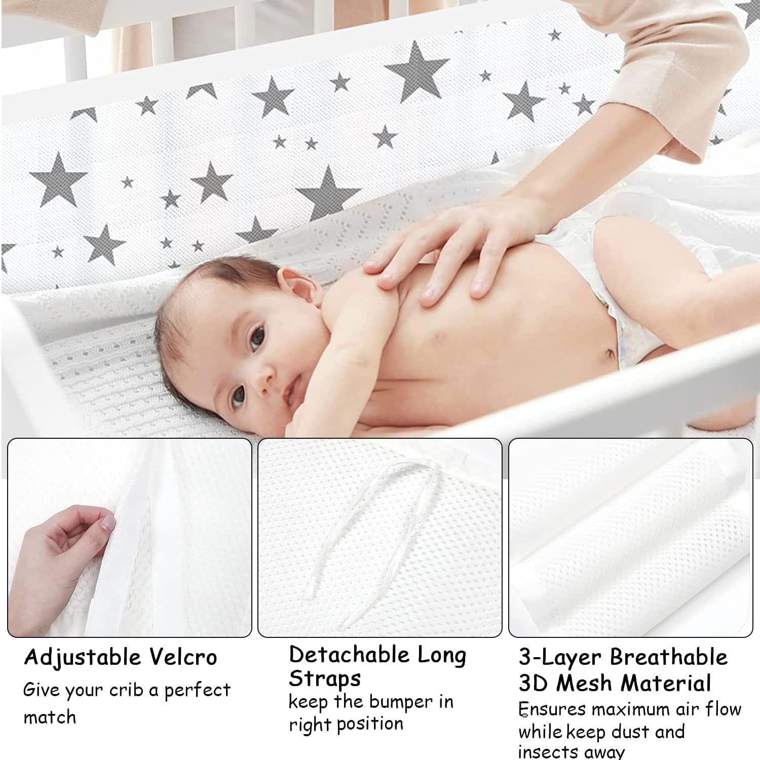 Bettumrandung Babybett,2 Pack Baby Nestchen Bettumrandung,Kopfumrandung Babybett,Atmungsaktive Krippenumrandung,Babybett Atmungsaktiver Kollisionsschutz,Nestchen für Kinderbetten,Babybett Umrandungen