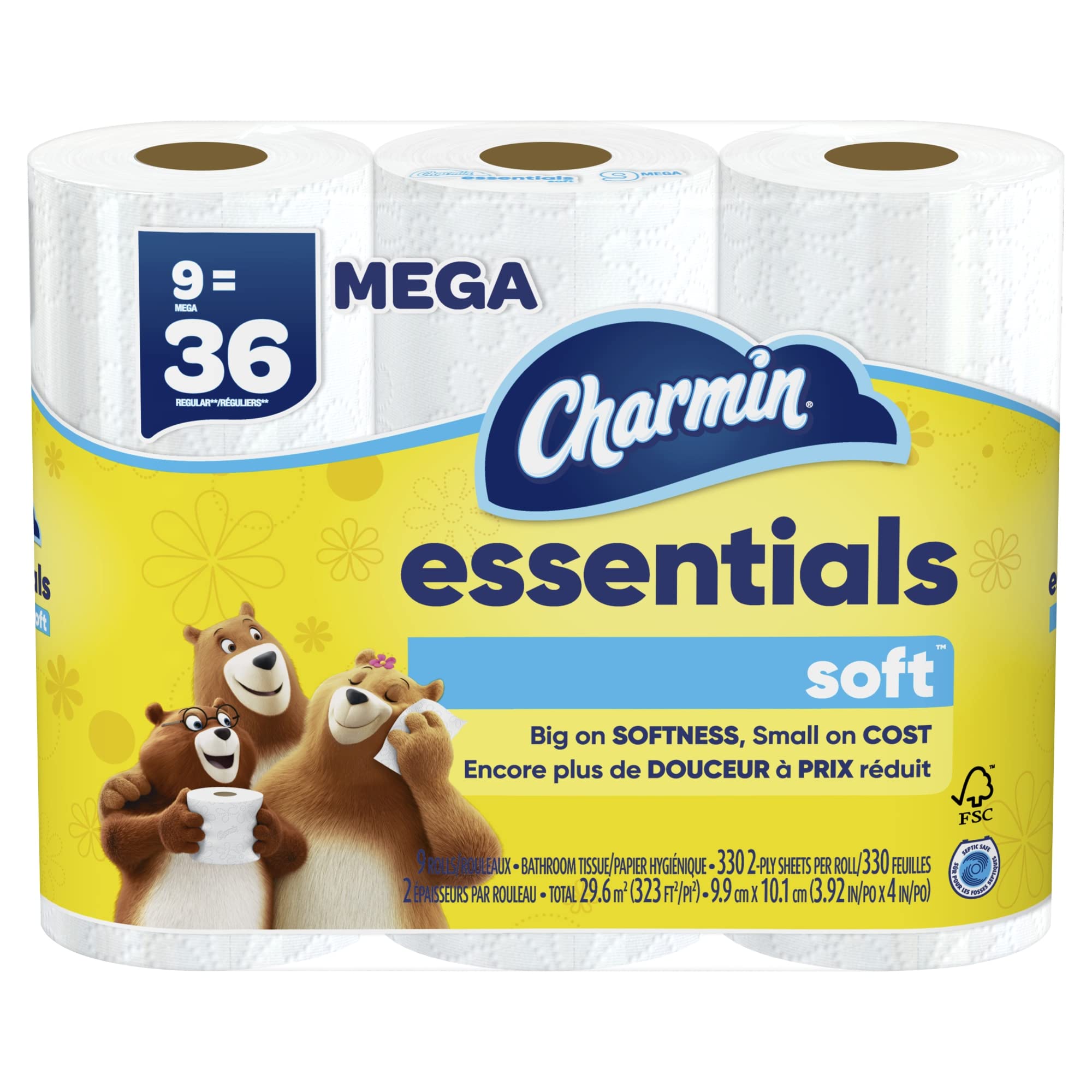 Essentials Soft Toilet Paper, 9 Mega Rolls = 36 Regular Rolls