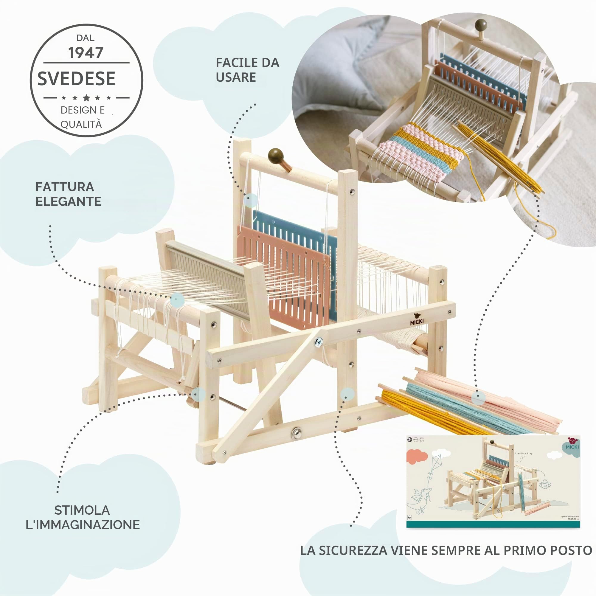 Micki Kit telaio in legno per tessitura + filato per tessitura, arti e mestieri per bambini, regali per ragazze e ragazzi, età 3+