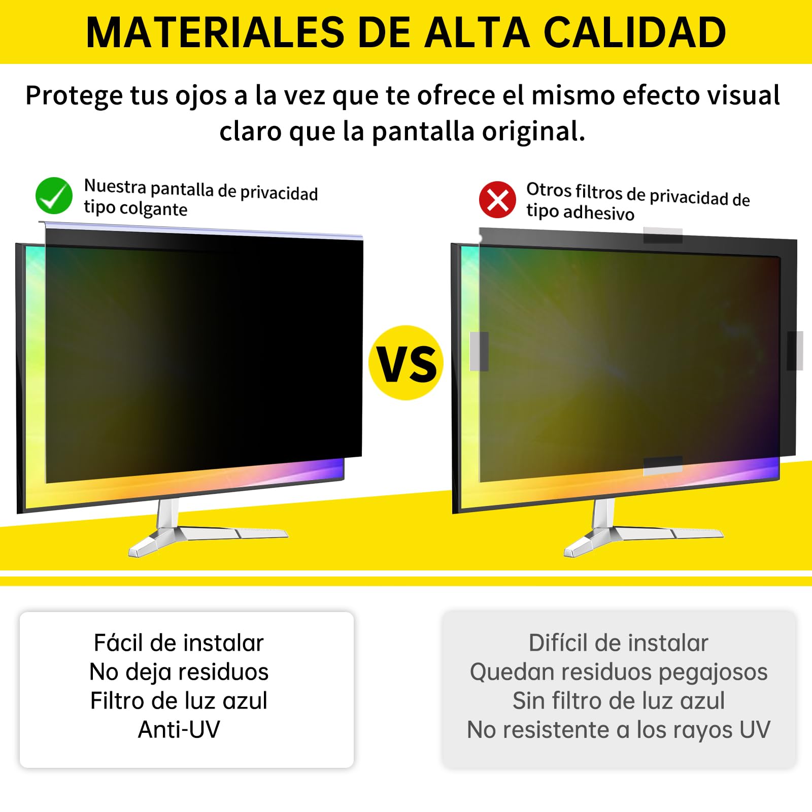 Filtro de Privacidad Colgante para Monitor de 27 Pulgadas (16:9) - Privacidad Avanzada, Anti-Luz Azul, Fácil Instalación, Reduce Reflejos y Fatiga Ocular, Compatible con Monitor Multimarca