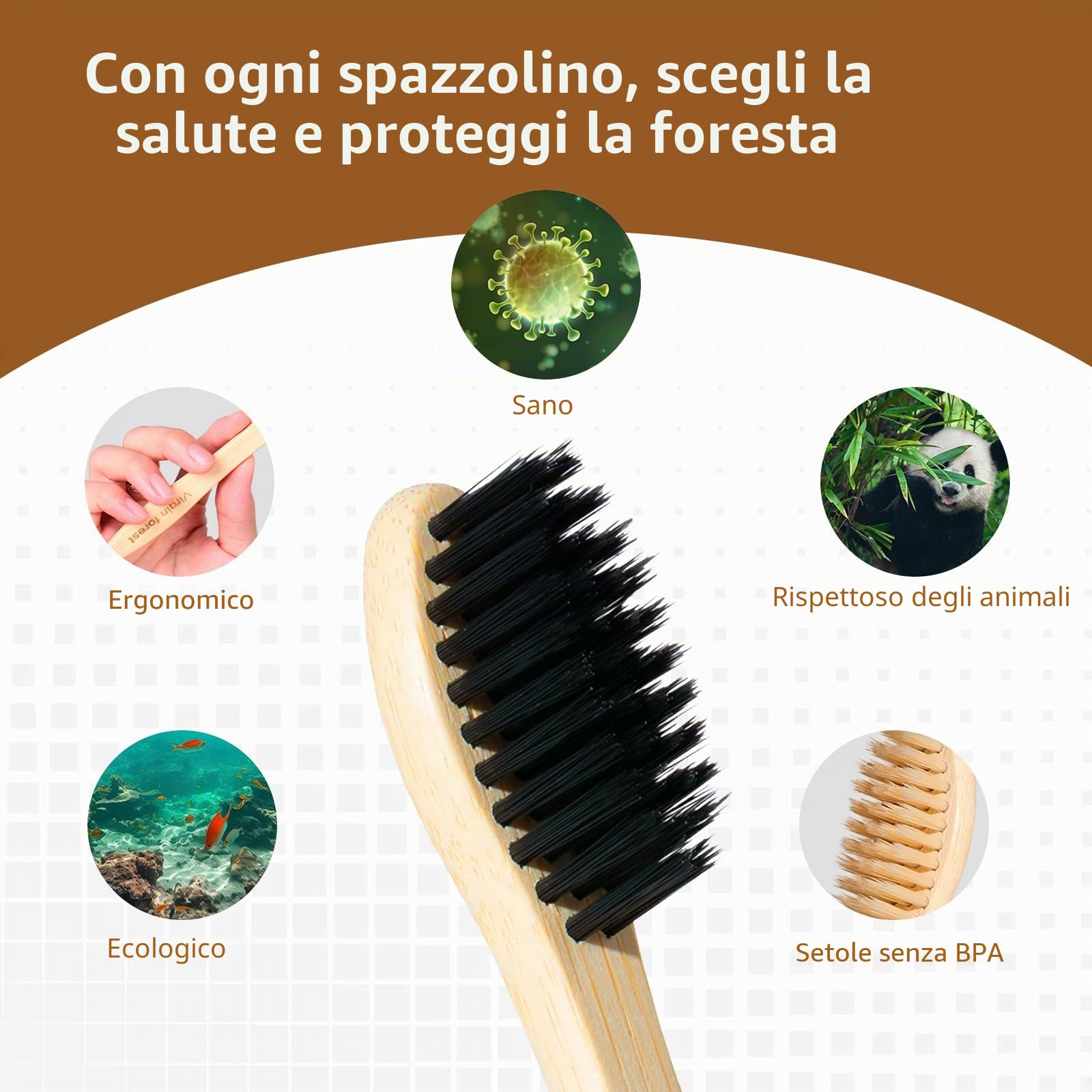 Spazzolino Bamboo, 100% Senza BPA Vegan Spazzolini Bamboo di Riutilizzabili e Biodegradabile, con Setole di Carbone Morbide e Disegno Individuale, Confezione Biodegradabile Sostenibile-10 Colori