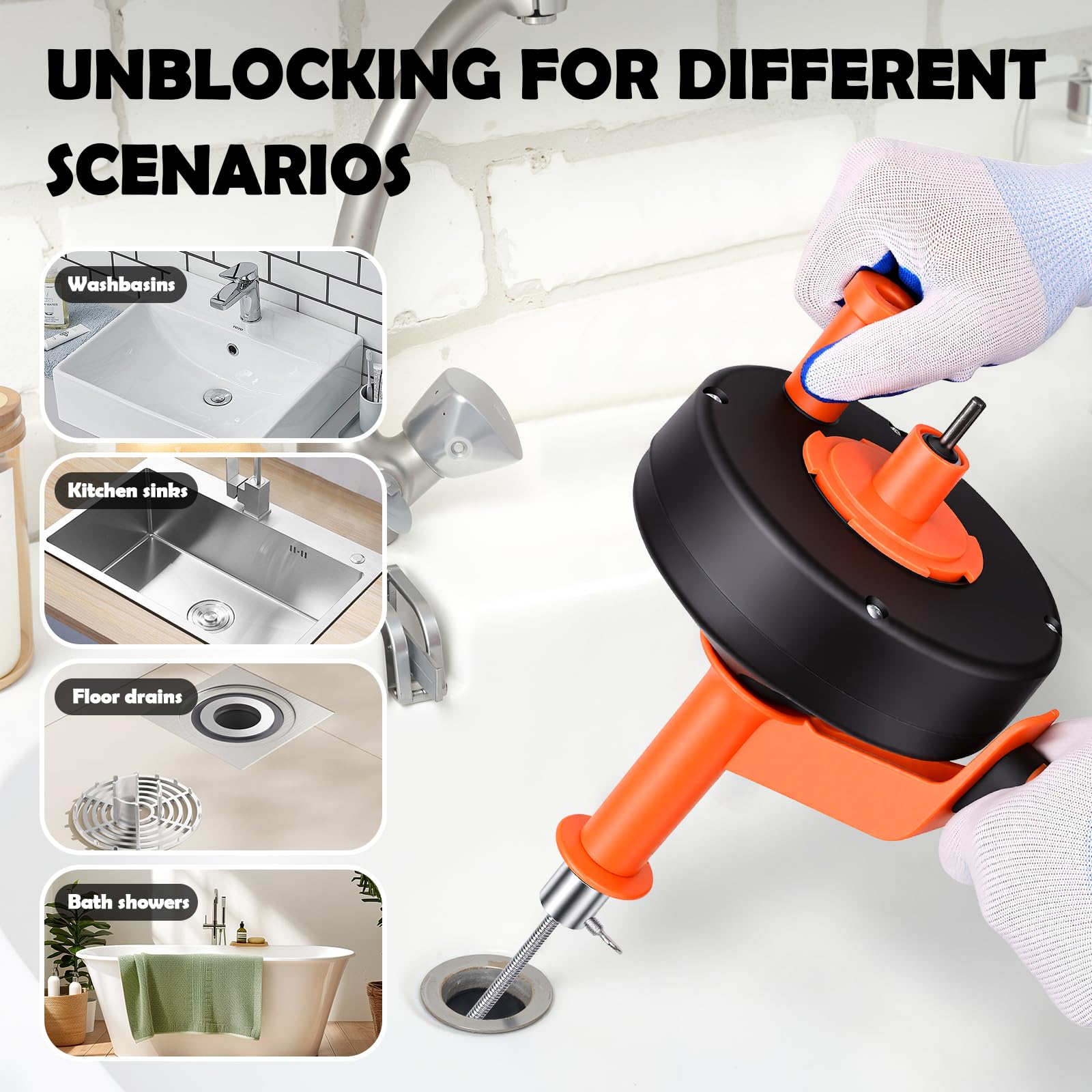 Desatascador Tuberias Profesional, Alambre Desatascador Tuberias 10M, Desatascado Fregadero, Limpia Tuberias con Guantes - Manual & Eléctrico, Desatascador WC para Inodoros Baño Cocina