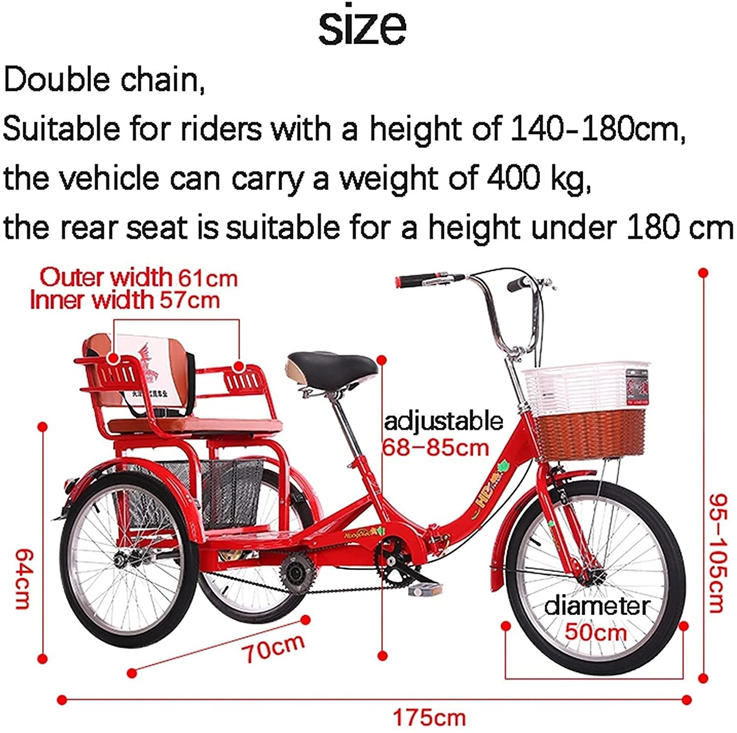 Tricicli di carico per adulti, bici da cruc, triciclo da 50,8 cm, per adulti con sedile posteriore a singola velocità a 3 ruote con catena doppia assorbente