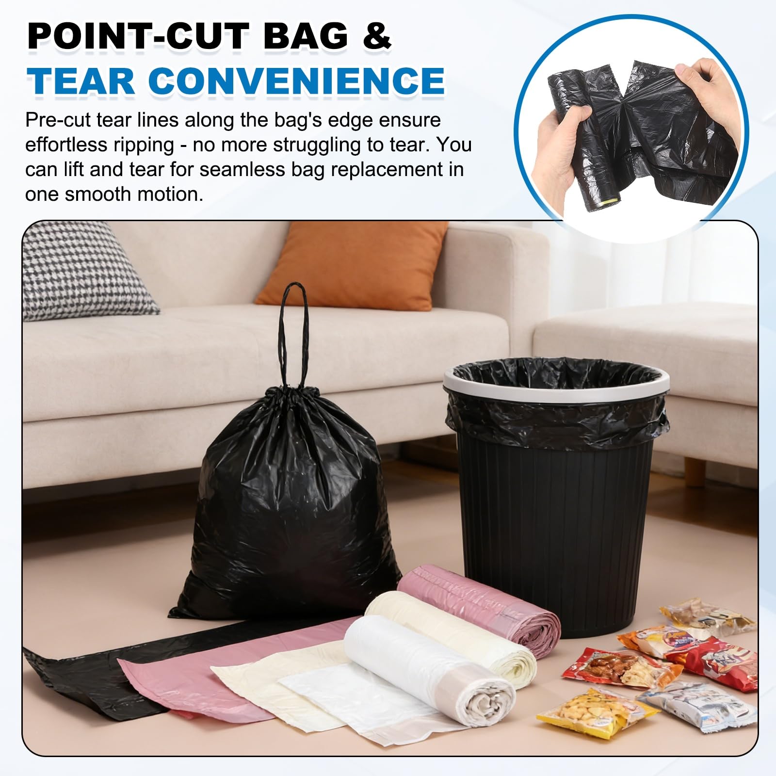 QUARKZMAN 120 Bolsas De Basura Con Cierre De Cordón, 8.7 Galones 24", Bolsas Para Cubo De Basura Sin Aroma Para Hogar Oficina Cocina Sala Dormitorio Coche, Negro
