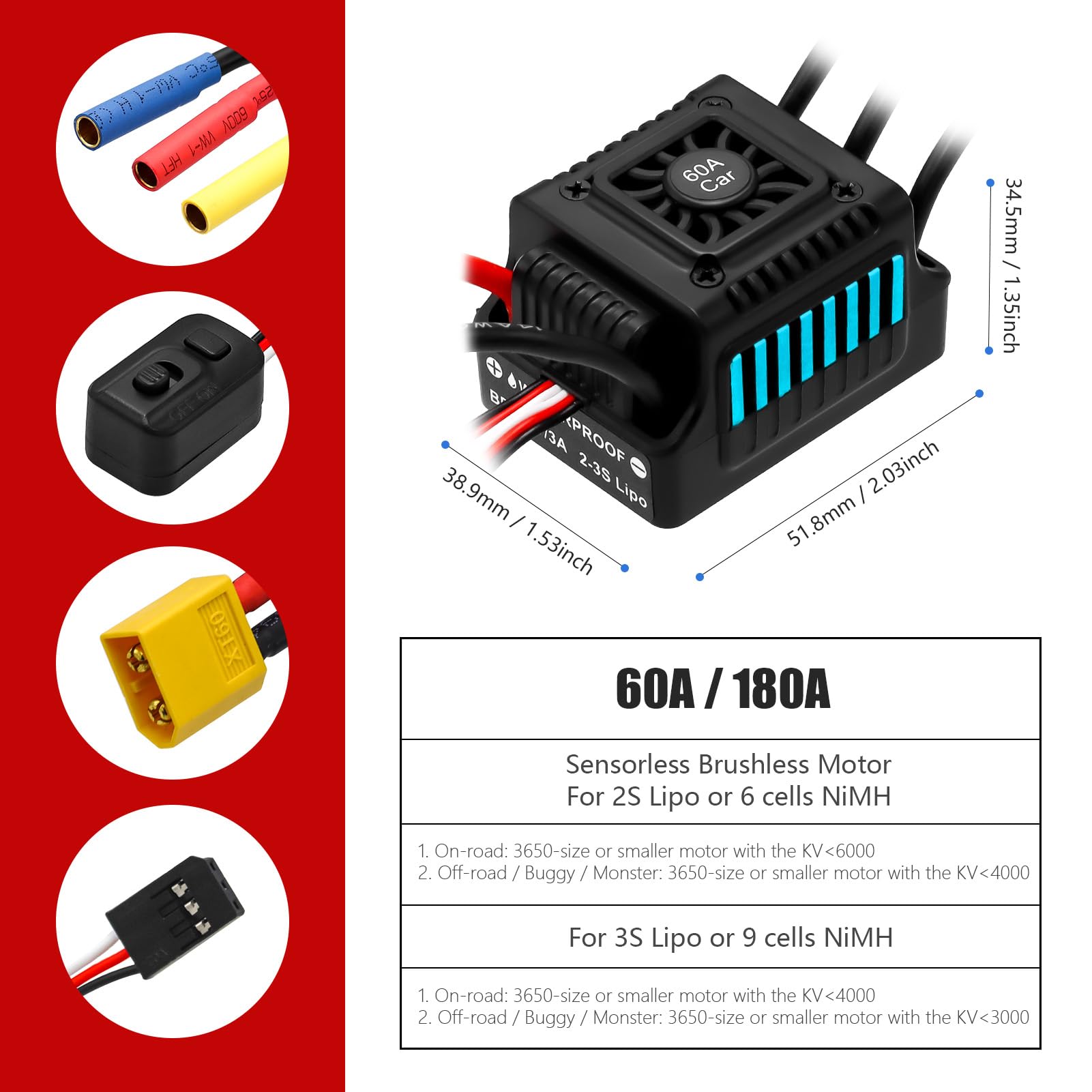 Motor sin escobillas impermeable S3650 de 4300 KV, eje de 3,175 mm con controlador de velocidad eléctrico ESC sin sentido de 60 A, juego combinado con disipador de calor y tarjeta de