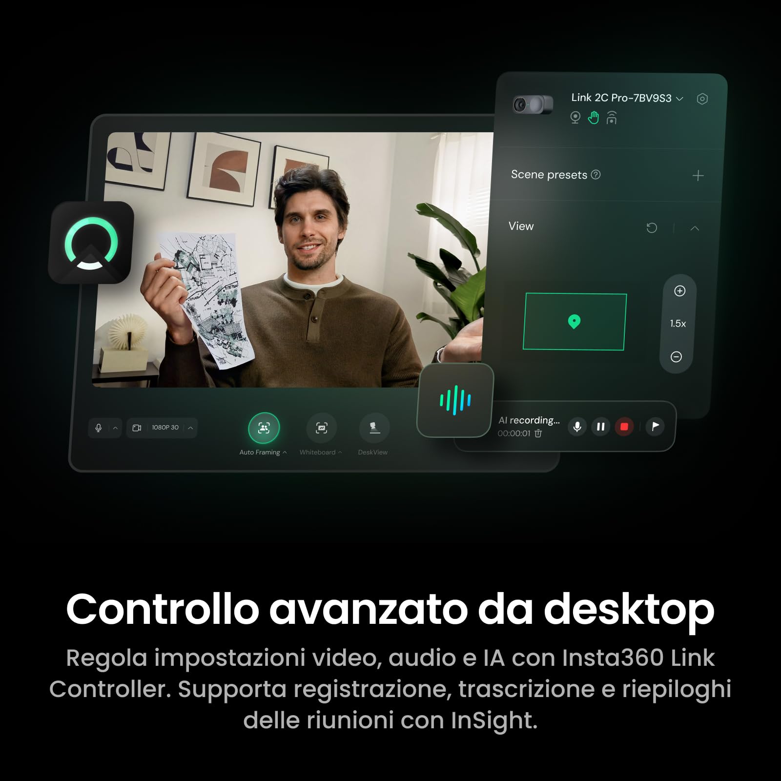 Insta360 Link 2C Pro - Webcam 4K per PC/Mac, sensore 1/1,3", bassa lumin., inquadratura autom., HDR, microfoni direzionali canc. rumore, supporta Stream Deck, Zoom, Teams, Twitch per stream o riunioni