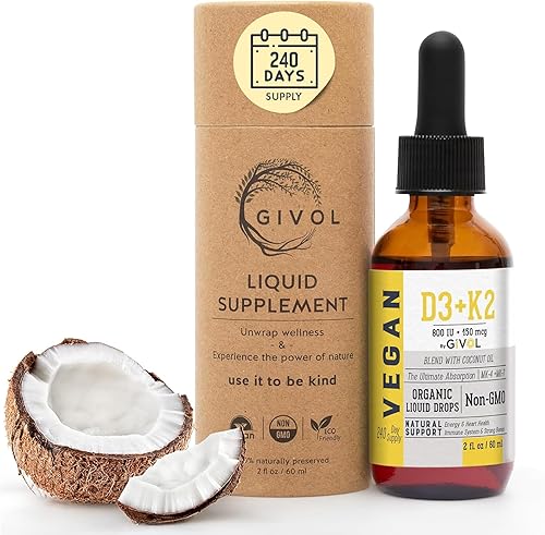 Vitamina D3 + K2 gotas líquidas (MK4 y MK7) Aceite de coco fraccionado orgánico, a base de plantas, sin gluten, sin lácteos, sin soja, sin nueces,