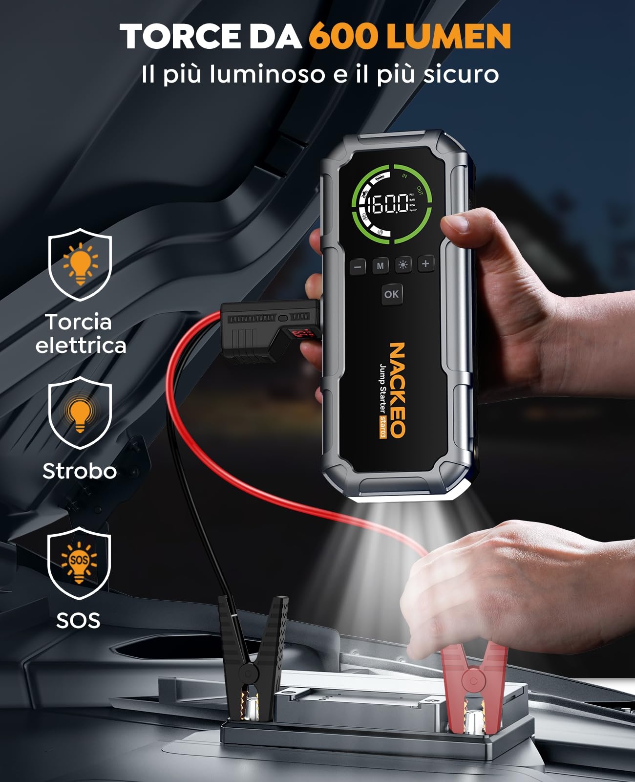 Avviatore Batteria Auto con Compressore 160 PSI, 8000A Avviatore Emergenza per Auto/Moto per (Tutti Gas 12L Diesel), 12V Booster Avviamento Auto 600 lumen LED/Ricarica USB-C, Ampio display LCD