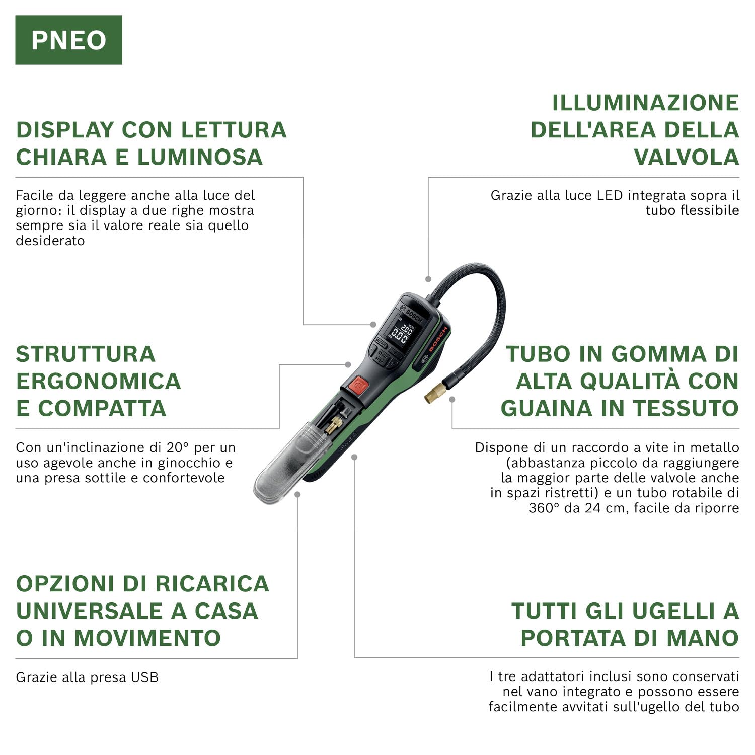 Bosch PNEO Compressore a batteria 4V 3.0 Ah con adattatori di pressione e borsa
