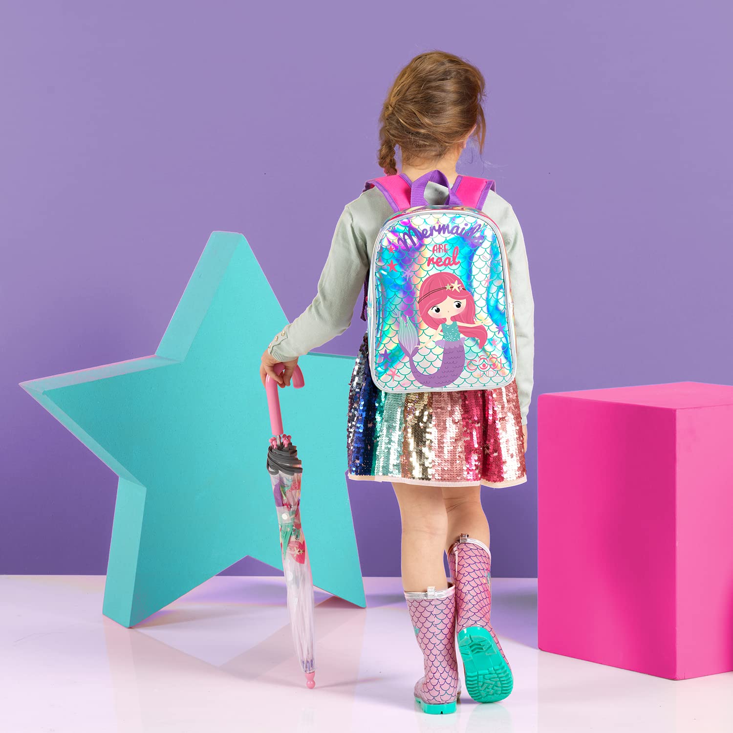 PERLETTI Petit Sac à Dos Roulette Sirène pour Fillette 2/5 Ans - avec Roues Amovibles - pour École Maternelle avec Grande Poche - 36x26x15 cm, Argent