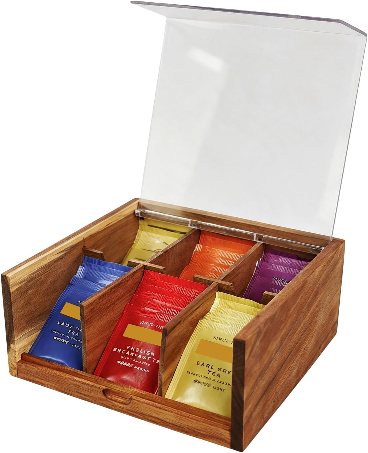 HTB Acacia Wood Tea Bag Organizer Storage Box with 6 Compartments | Tea Chest Box with Clear Acrylic Transparent Hinged Lid,Tea Bag Holder for Kitchen,Office,Bar,Coffee Station