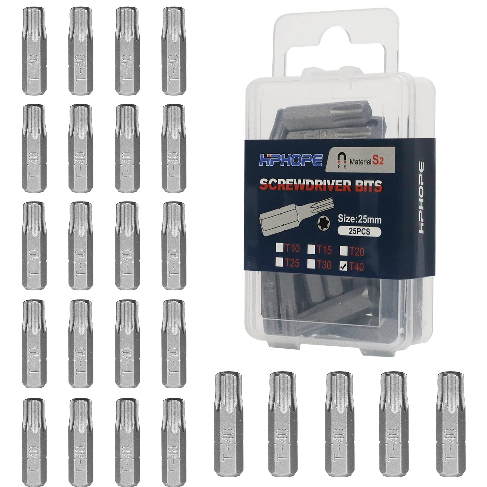 HPHOPE T30 Screwdriver Bit Set - 25 Pack, 1/4" Hex, 25mm Length Torx Bits