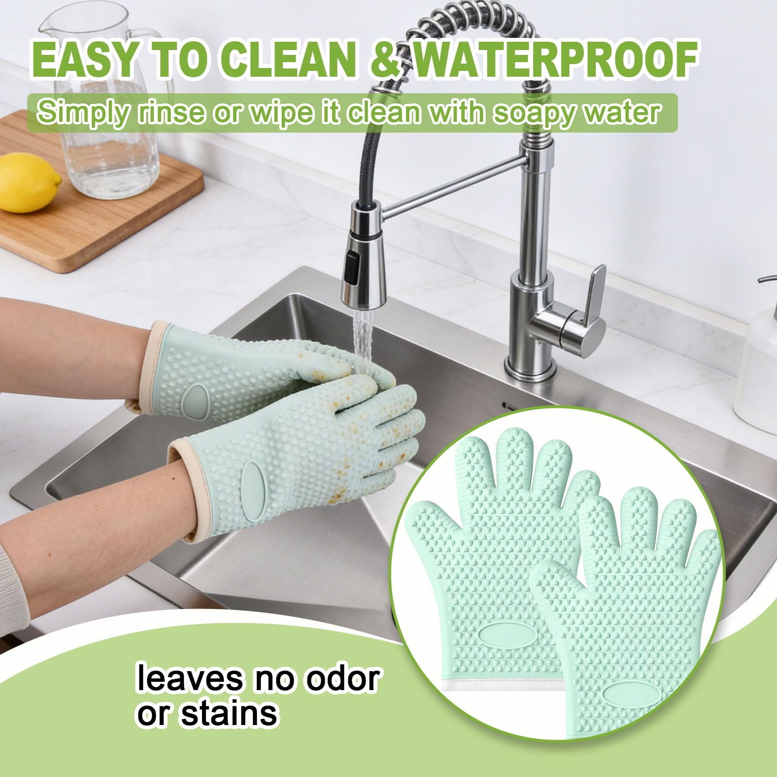 Silikon Ofenhandschuhe mit Fingern, Ofenhandschuhe Hitzebeständig für Küche, wasserdichte & rutschfeste Ofenhandschuhe zum Backen, Kochen, Grillen und BBQ (Schwarz)