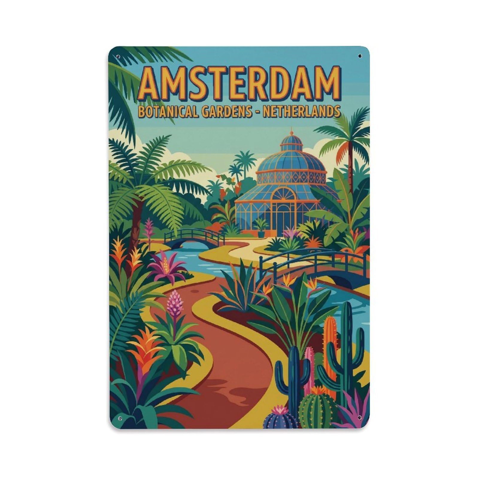 Okngb Style Amsterdam Botanical Garden Classic Country Travel Dutch Metal Tin Sign Plaque Wall Decor For Cafe, Man Cave, Club Bar, Office, Home Garden Round Metal Poster 8X12inch