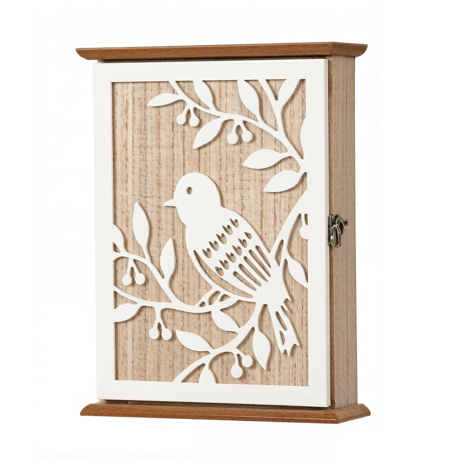 oupados Wooden Key Box Bird on Branch Pattern Wooden with 6 Key Hooks Vintage White Key Tray Key Holder for Entrance, Hallway, Office, Medium, 28.5 x 22 x 7 cm