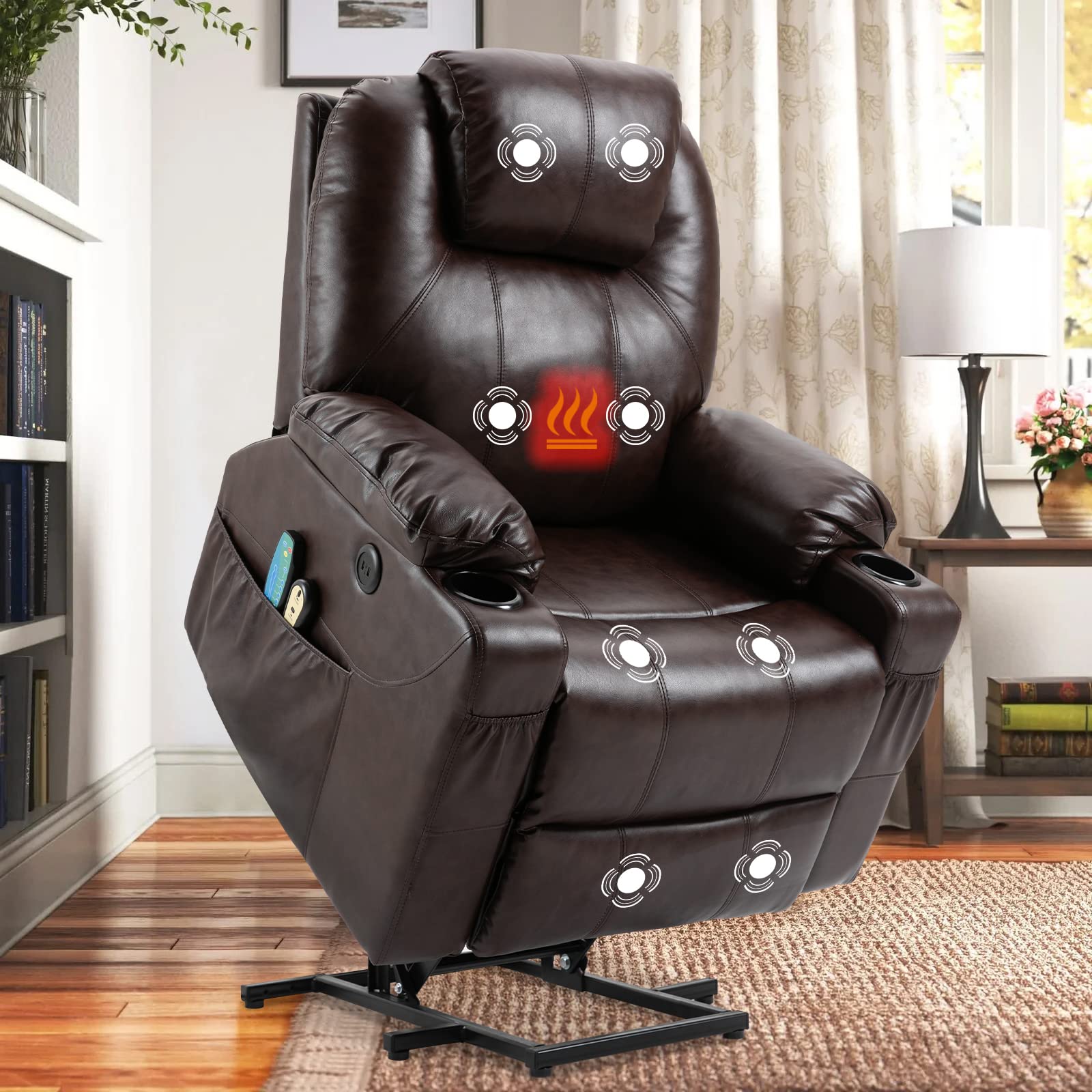 SOCIALCOMFY Power Lift Recliner Chair for Elderly, Heavy Duty Lift Chair with Heat and Massage, Faux Leather Recliner Chair with 2 Remote Controls,