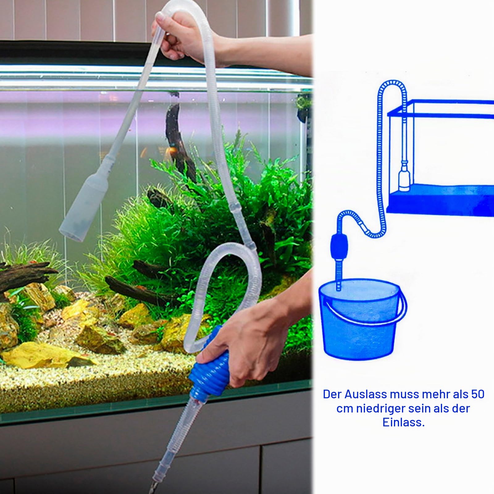 Mulmsauger Aquarium aus Kunststoff, Aquarium Sauger mit Waschkopf, Absaugrohr, Auslaufrohr und Luftsack, Ideal für Aquarium Reinigung und Wasserwechsel