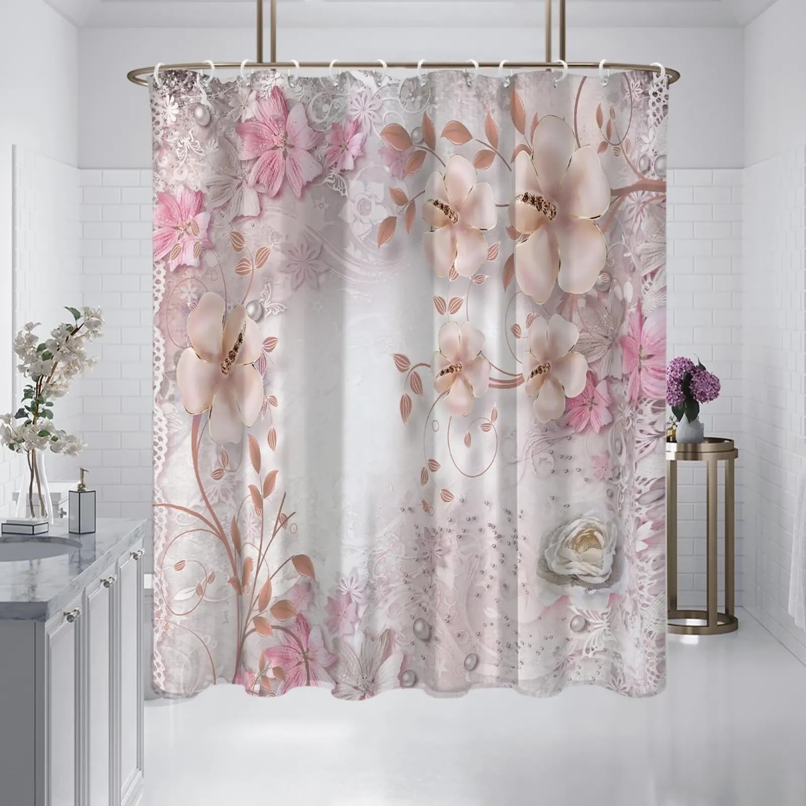 Rosa Sonnenblumen-Duschvorhang-Set, Heimdekoration, Pflanzen-Badezimmervorhang mit Haken, Bauernhaus-Duschvorhang, B x H: 180 x 165 cm