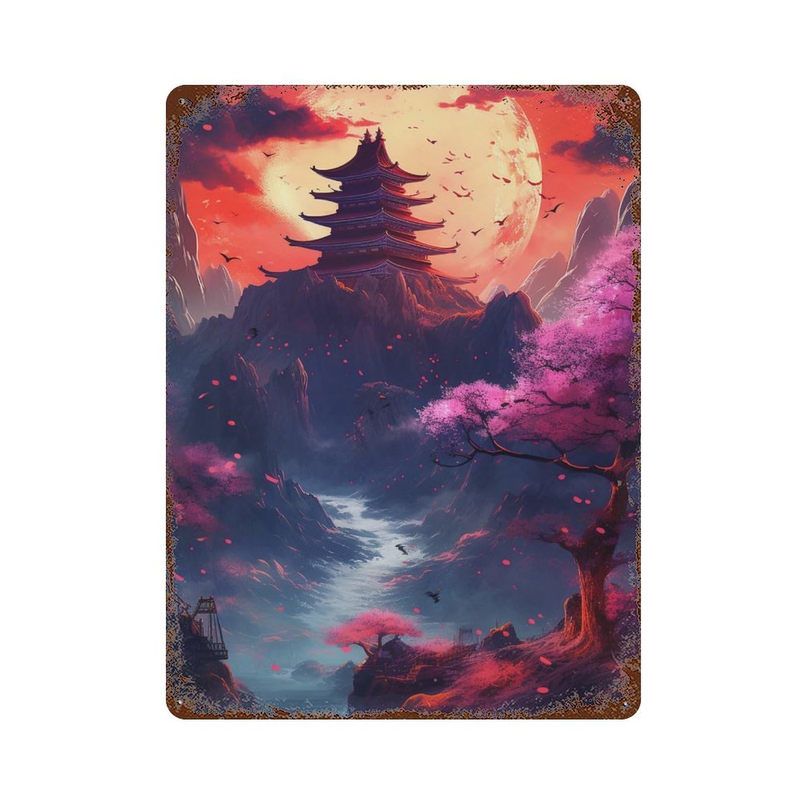 Cherry Blossom Moonlit Pagoda -2 Rusty Metal Tin Sign 15.7"x11.8", for Pub, Kitchen And Man Cave Decor, Novelty Wall Decor