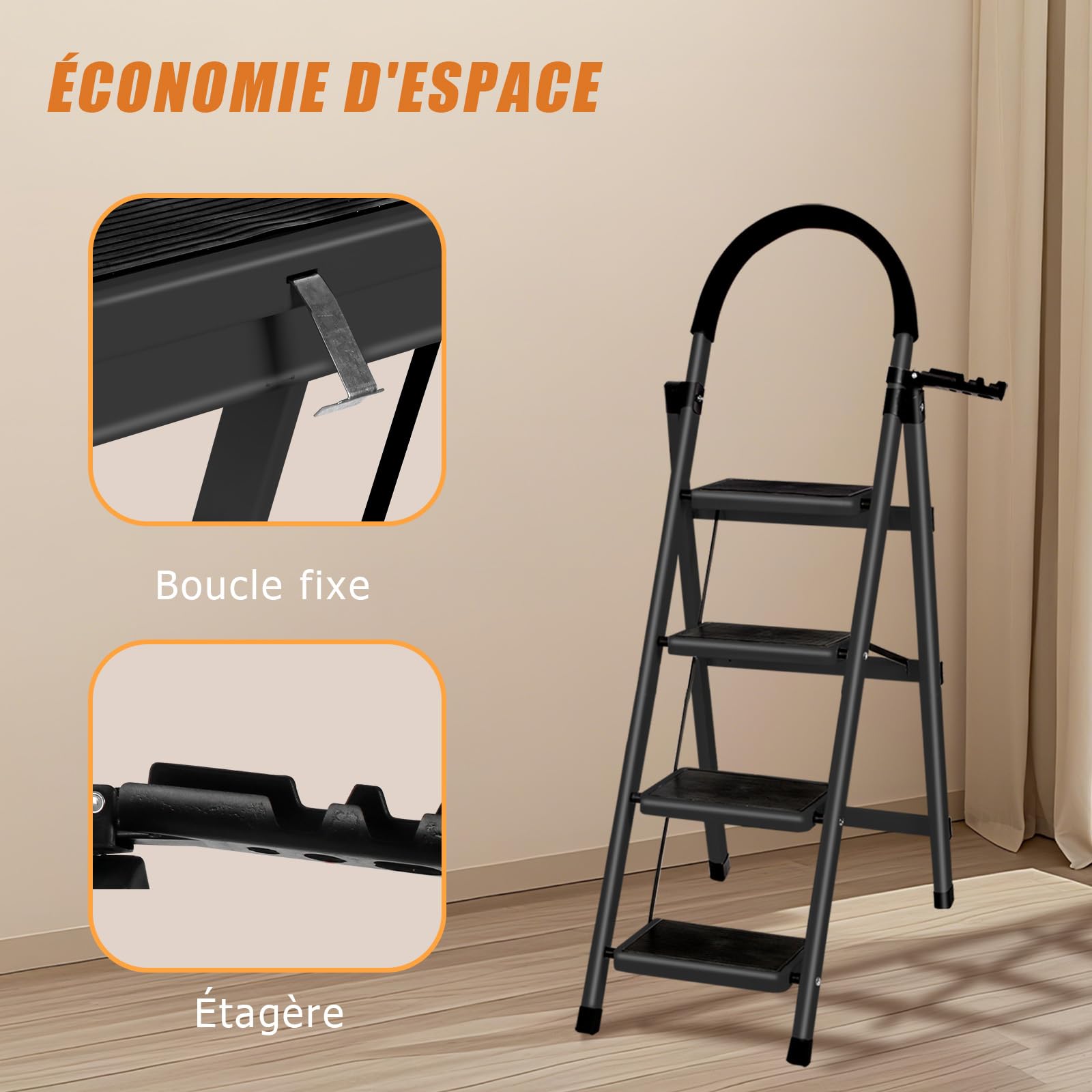 Escabeau Pliable en Acier, Marchepied Antidérapant 4 Marches, Escabeau Stable et Compact pour Maison, Cuisine et Bureau(Noir)