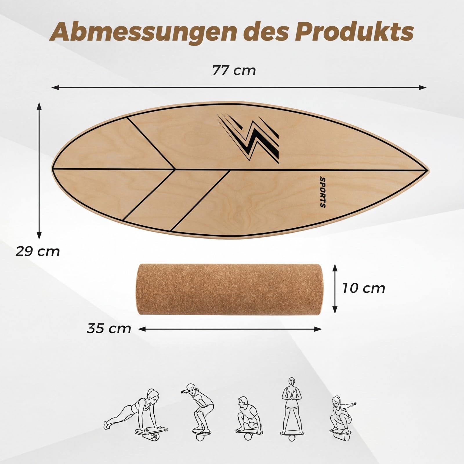 COSTWAY Balance Board mit Korkrolle, 77 cm Wackelbrett in Blattform, Gleichgewichtstrainer aus FSC-zerfizierter Birkenholz, Surfboard indoor 100 kg Belastbar, Balancierbrett für Kinder & Erwachsene
