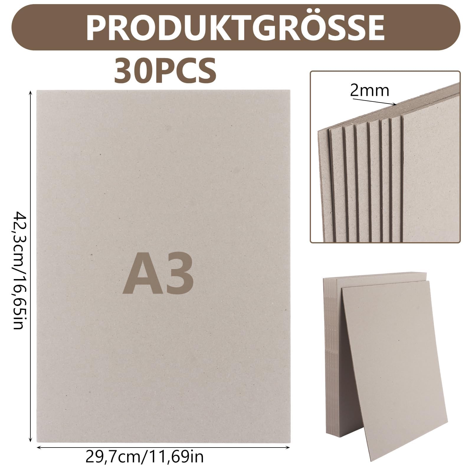 Lot de 30 Carton Gris A3 épaisseur 2mm, Plaque Carton Rigide 29.7x42cm pour Encadrement, Papier Cartonné A3 pour Reliure et Loisirs Créatifs