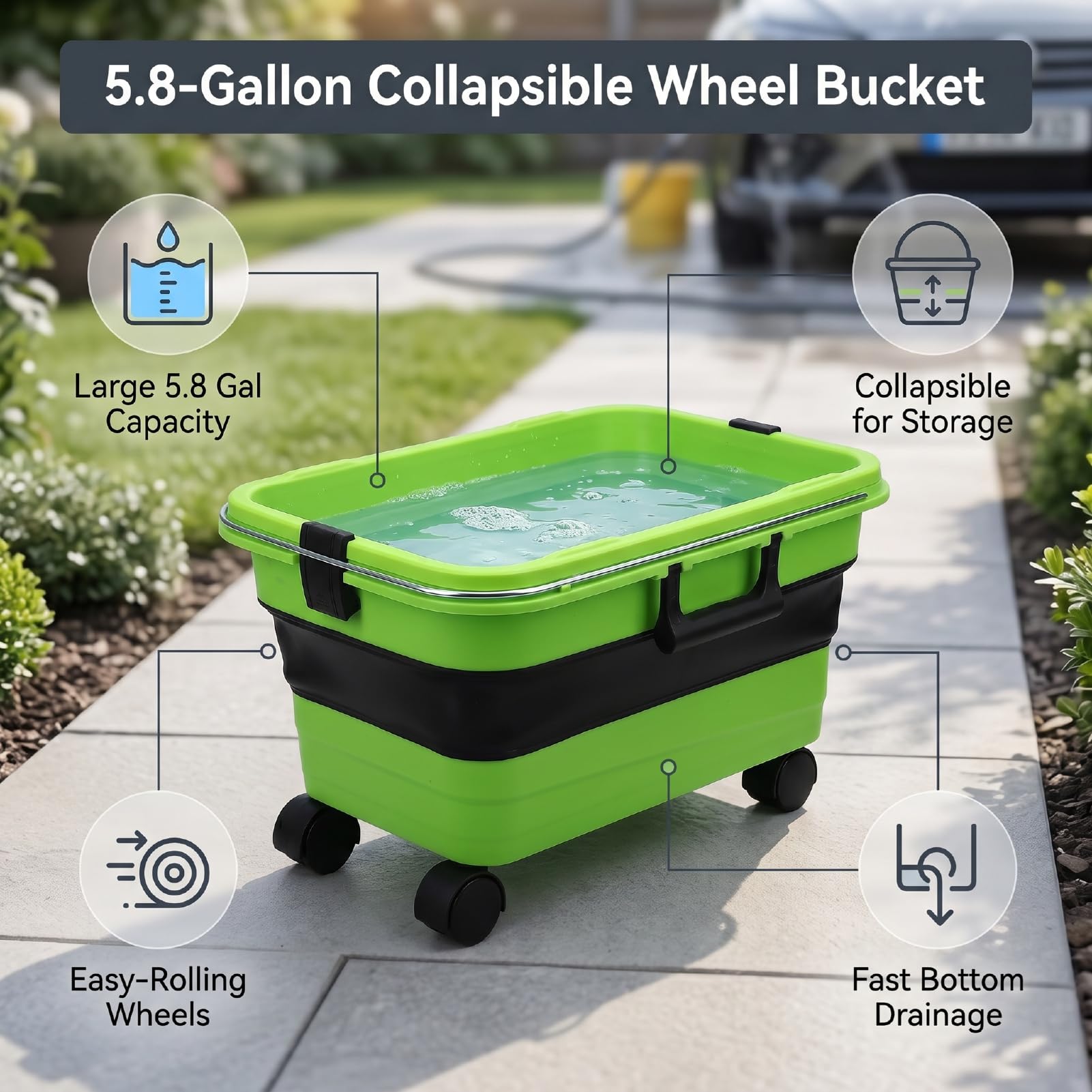 Seau Pliable de 22 litres avec Couvercle Verrouillable, roulettes et Tige de Traction, Système de Drainage Au Fond, Silicone PP, Se Replie à 12 CM pour Le Lavage de Voiture