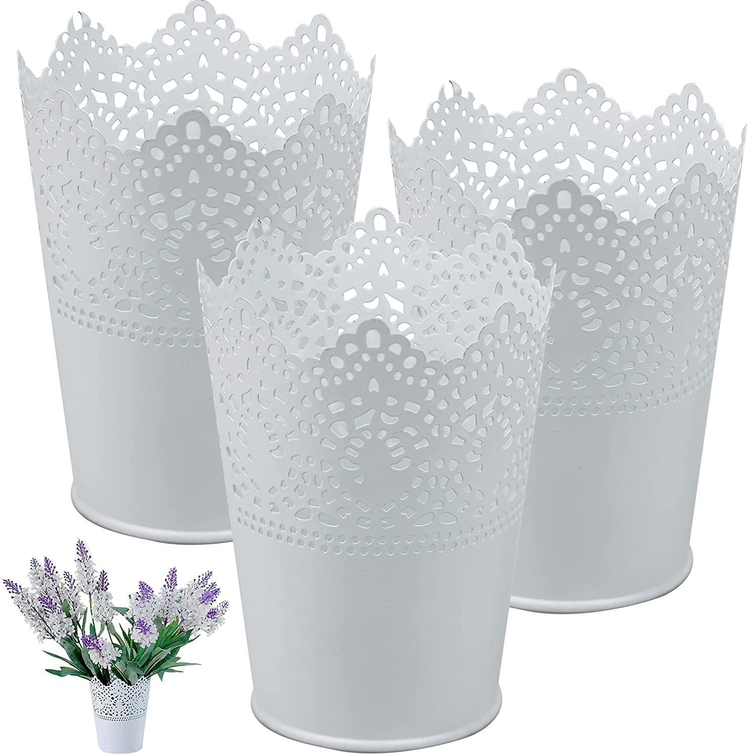 SYOSI Lace Flower Iron Bucket, for Storing Cosmetics, Stationery, for Planting flowers, 3 Sets, White
