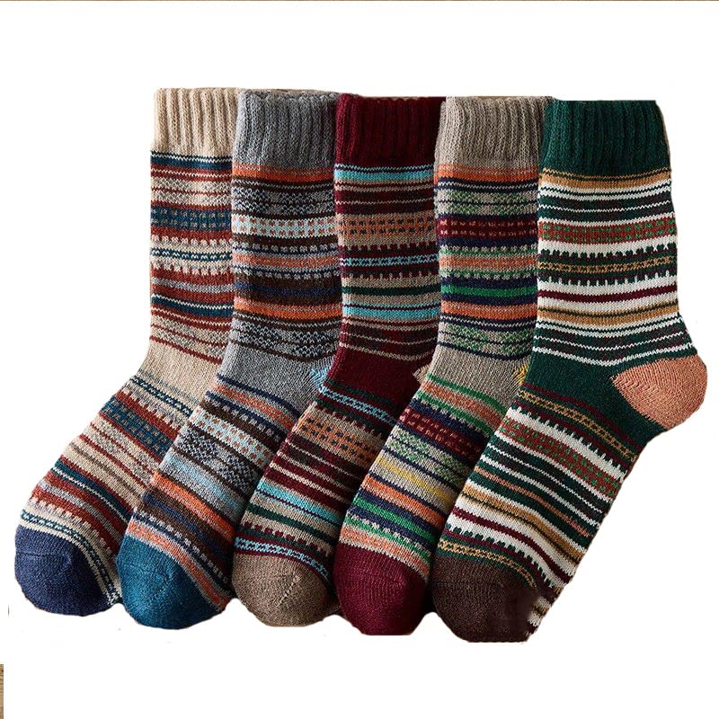 PONPY 5 Pack Winter Men's Wool Cashmere Thermal Socks Vintage Thick Knit Striped Warm Cozy Soft Socks for Men Size 7-11