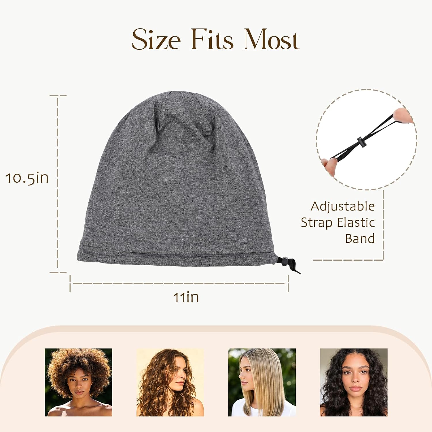 Silk Satin Bonnet Hair Wrap for Sleeping, 2 Pcs Adjustable Silk Bonnets for Women Men Sleep Cap Silk Lined Slouchy with Adjustable Strap Curly Hair Head Scarf Night Caps（Dark gray）